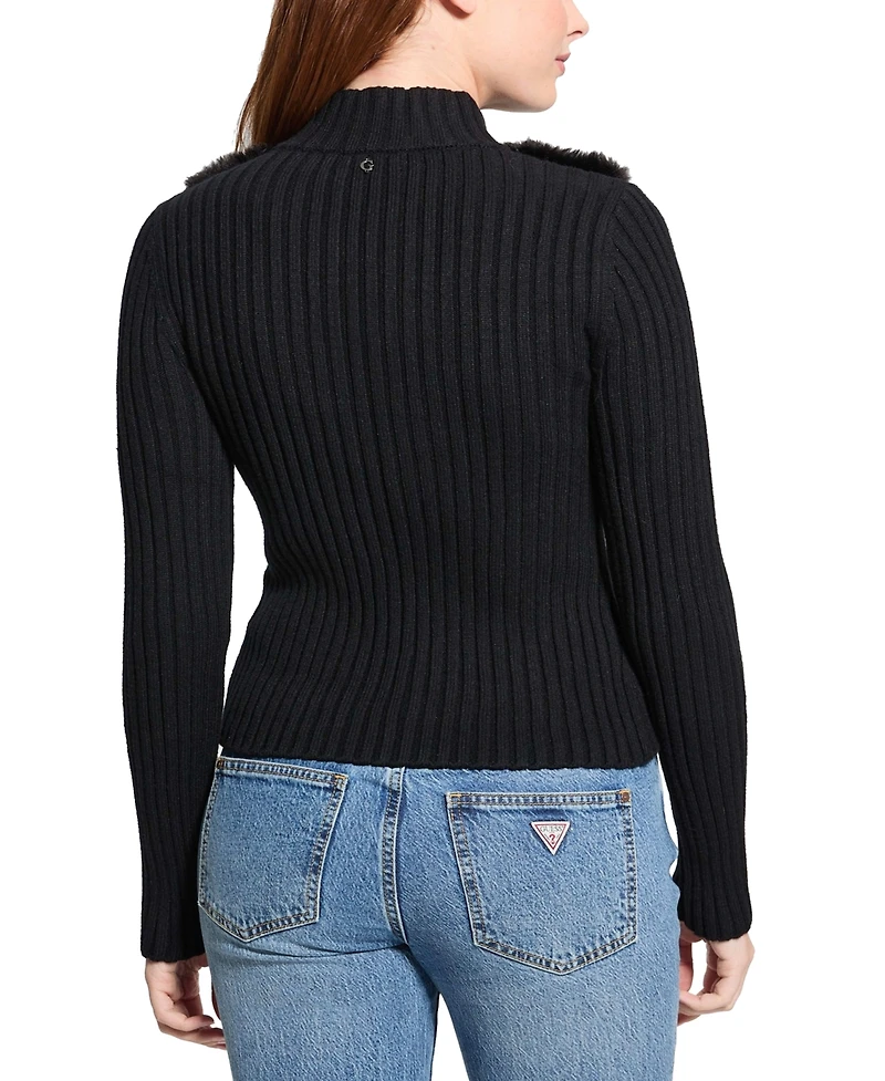 Guess Women's Mila Mixed Media Faux-Fur Zip-Front Cardigan
