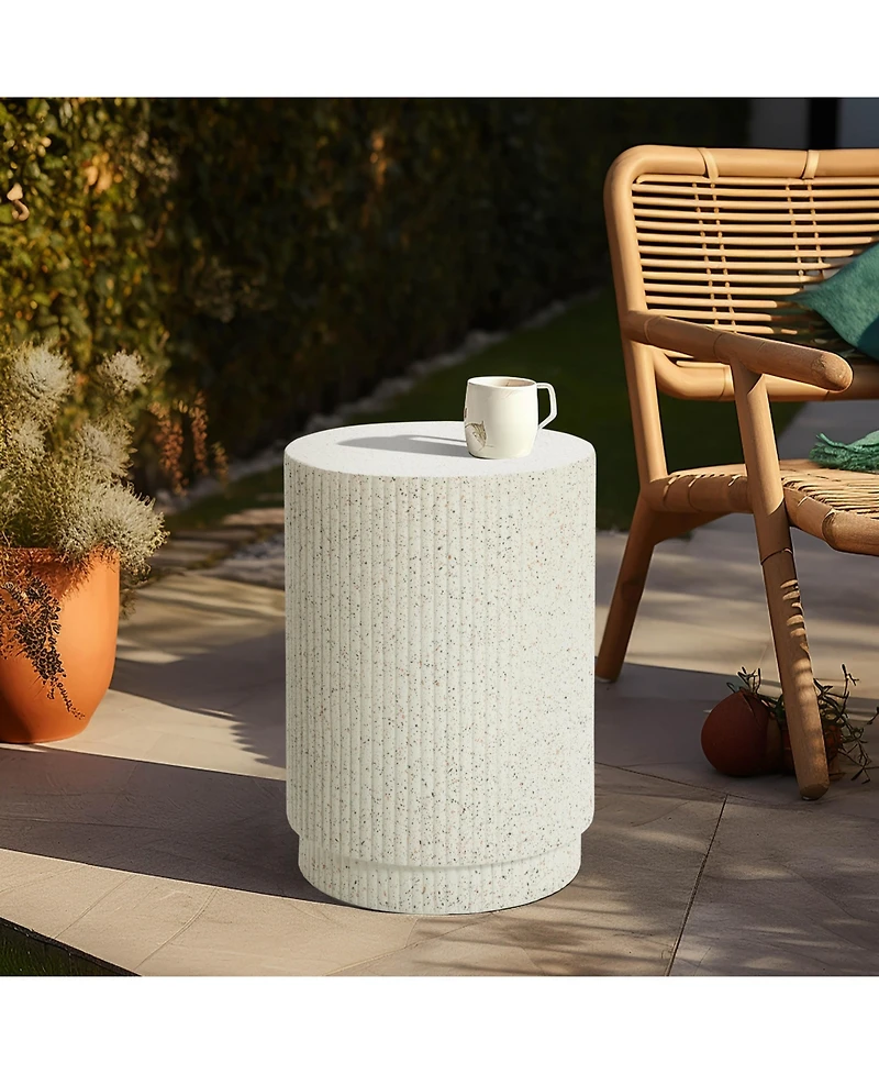 LuxenHome Ivory White Cement Round Outdoor Side Table