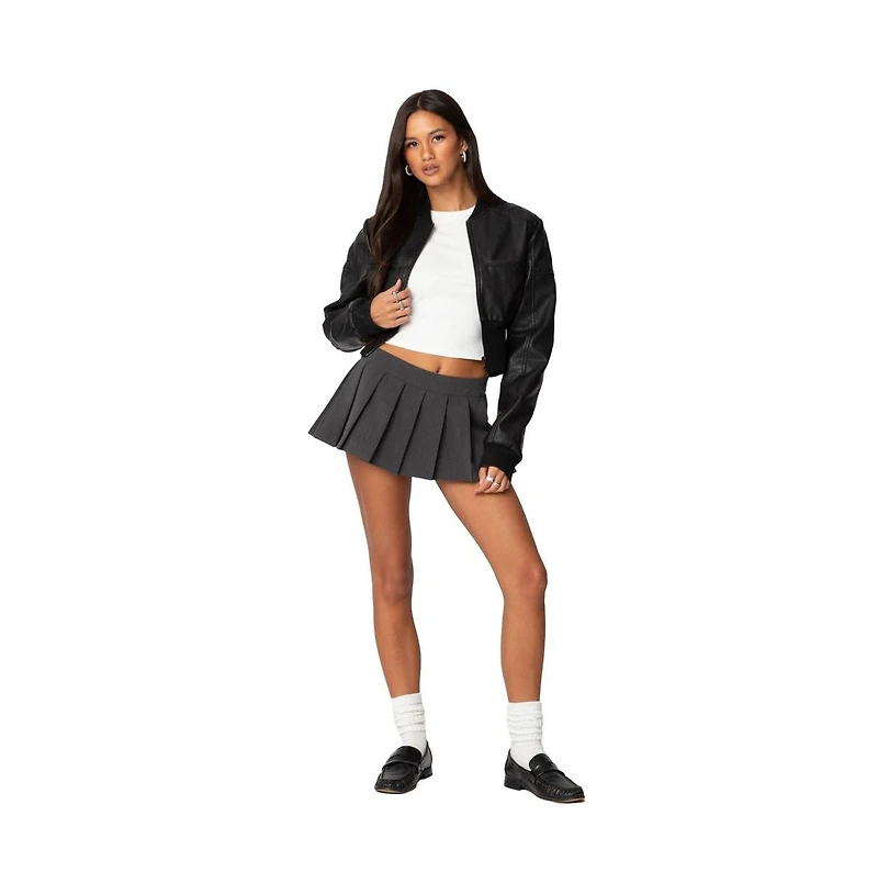 Edikted Womens Cropped Faux Leather Bomber Jacket