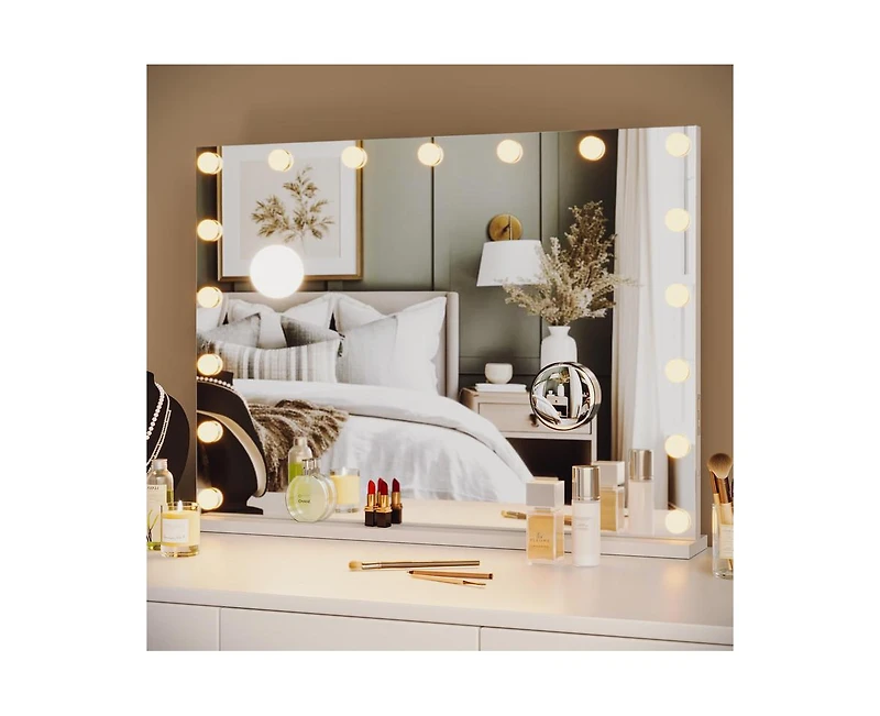Garmin Vanity Mirror with Lights, 32"x 24" Premier Vanity Mirror with 17 Led Bulbs, Lighted Makeup Mirror with Magnification, 3 Colors Modes Mirror fo