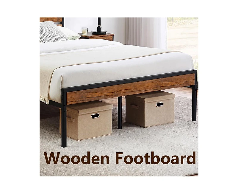 gaomon Queen Size Platform Bed Frame with Rustic Vintage Wood Headboard, Mattress Foundation Metal Slats Support, No Box Spring Needed, Brown