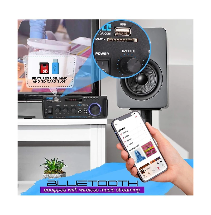 Pyle Stereo Power Amplifier With Bluetooth, Rca, Usb/Sd/Fm