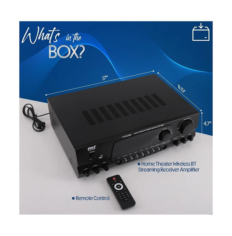 Pyle Home Theater Wireless Bluetooth Streaming Receiver Amplifier With Fm/Usb, 200 Watt