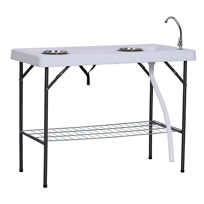 Folding Fish Cleaning Table with Sink, Portable Camping Table with Faucet Drainage Hose, Grid Rack and Fish Cleaning Kit for Picnic, Fishing, 50"