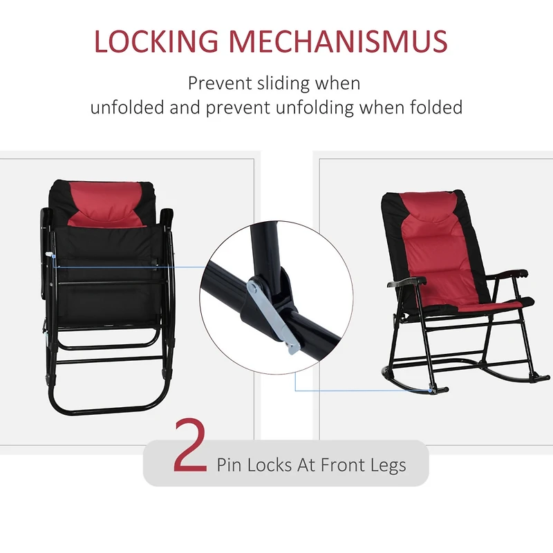 2 Piece Outdoor Patio Furniture Set with 2 Folding Padded Rocking Chairs, Bistro Style for Porch, Camping, Balcony, Red