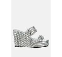 Benched Metallic Faux Leather Wedge Sandals