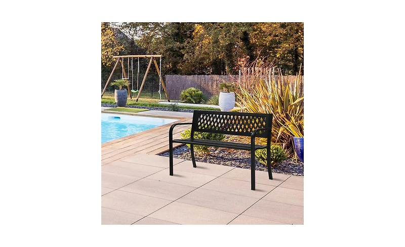 Slickblue 47-Inch Black Iron Bench with Pvc Mesh Backrest – Sturdy and Stylish Seating for Outdoor Spaces and Gardens