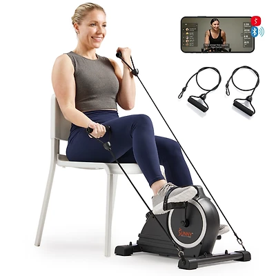 Sunny Health & Fitness Magnetic Compact Under-Desk Mini Pedal Exercise Bike w/Resistance Bands & Free SunnyFit App Connectivity