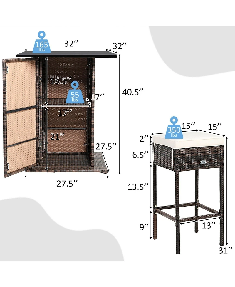 5 Pieces Patio Rattan Bar Furniture Set with Cushions and Hidden Storage Shelf