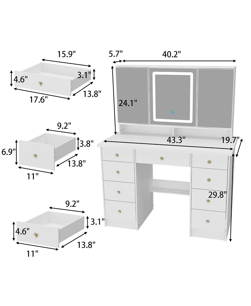Famapy Pink Modern Makeup Vanity Desk 9-Drawers Wood Dressing Table with 3 Mirrors, Hidden Storage Shelves, Led Lighted Lights