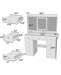 Famapy Pink Modern Makeup Vanity Desk 9-Drawers Wood Dressing Table with 3 Mirrors, Hidden Storage Shelves, Led Lighted Lights