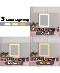 Famapy Pink Modern Makeup Vanity Desk 9-Drawers Wood Dressing Table with 3 Mirrors, Hidden Storage Shelves, Led Lighted Lights