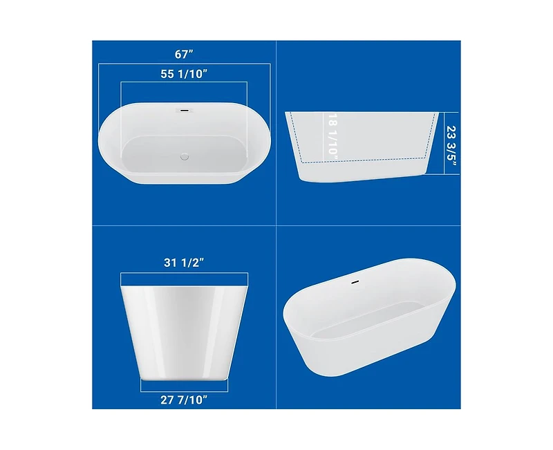 gaomon 67" Acrylic Freestanding Bathtub – Glossy White Soaking Tub With Chrome Overflow and Drain, Cupc Certified for Quality and Safety