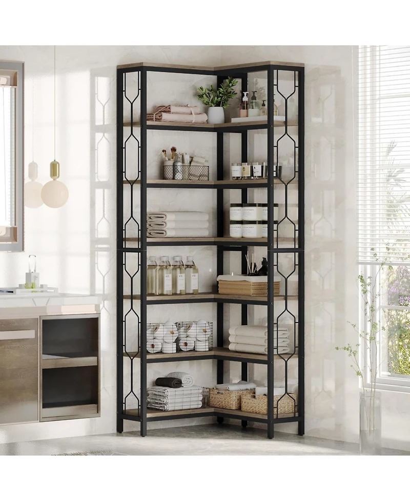 Tribesigns Corner Shelf, 7-Tier Industrial Bookshelf, Wood and Metal Etagere Bookcase, Freestanding Display Shelf for Living Room, Kitch
