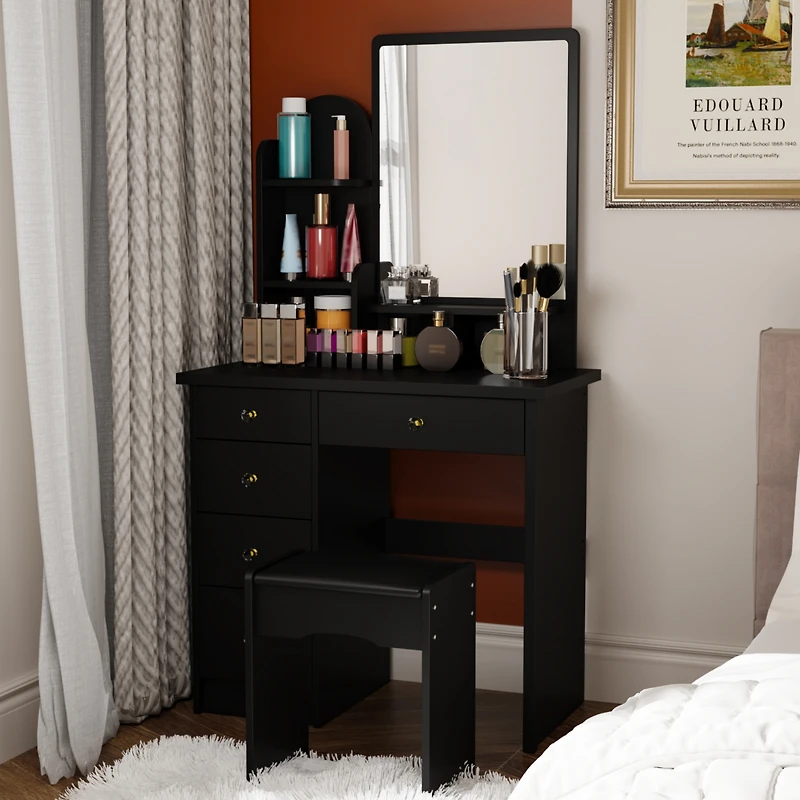 Famapy 5-Drawers White Makeup Vanity Table Wooden Dressing Desk With Mirror and 3-Tier Storage Shelves