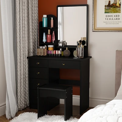 Famapy 5-Drawers White Makeup Vanity Table Wooden Dressing Desk With Mirror and 3-Tier Storage Shelves