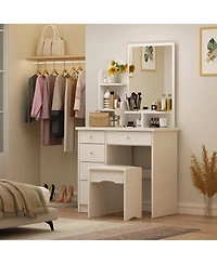 Famapy 5-Drawers White Makeup Vanity Table Wooden Dressing Desk With Mirror and 3-Tier Storage Shelves