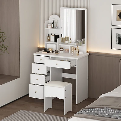 Famapy 5-Drawers White Makeup Vanity Table Wooden Dressing Desk With Mirror and 3-Tier Storage Shelves