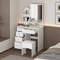 Famapy 5-Drawers White Makeup Vanity Table Wooden Dressing Desk With Mirror and 3-Tier Storage Shelves