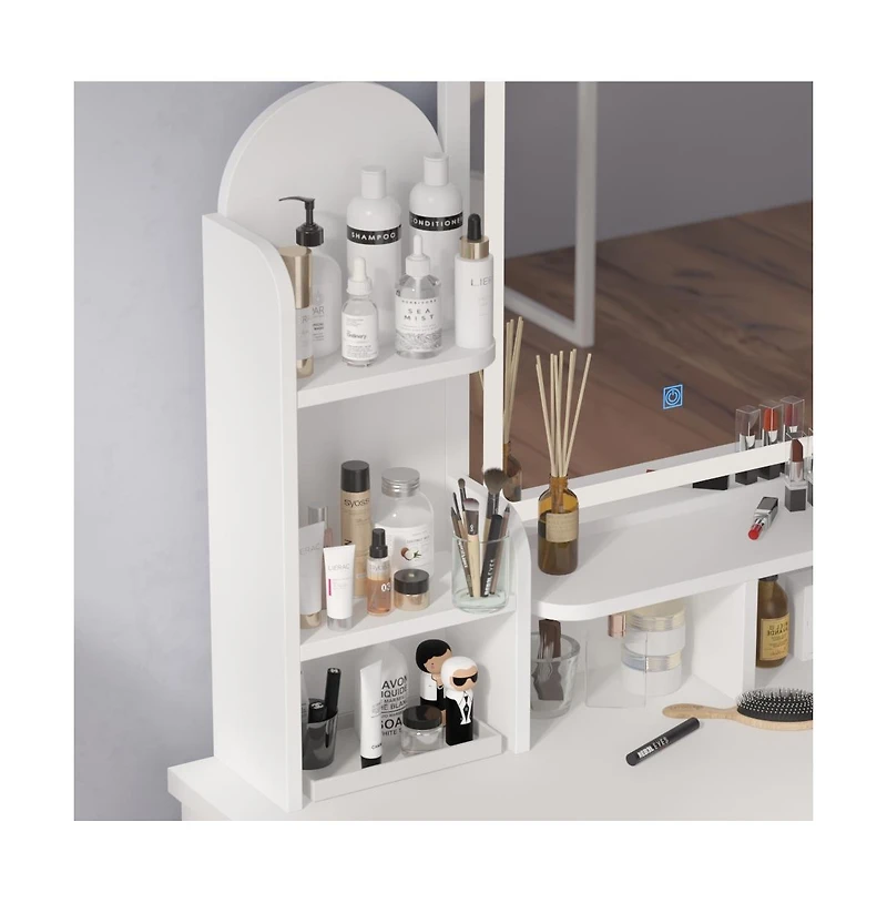 Homsee 5-Drawers Pink Makeup Vanity Sets Dressing Table Sets with Stool, Mirror, Led Light and 3-Tier Storage Shelves