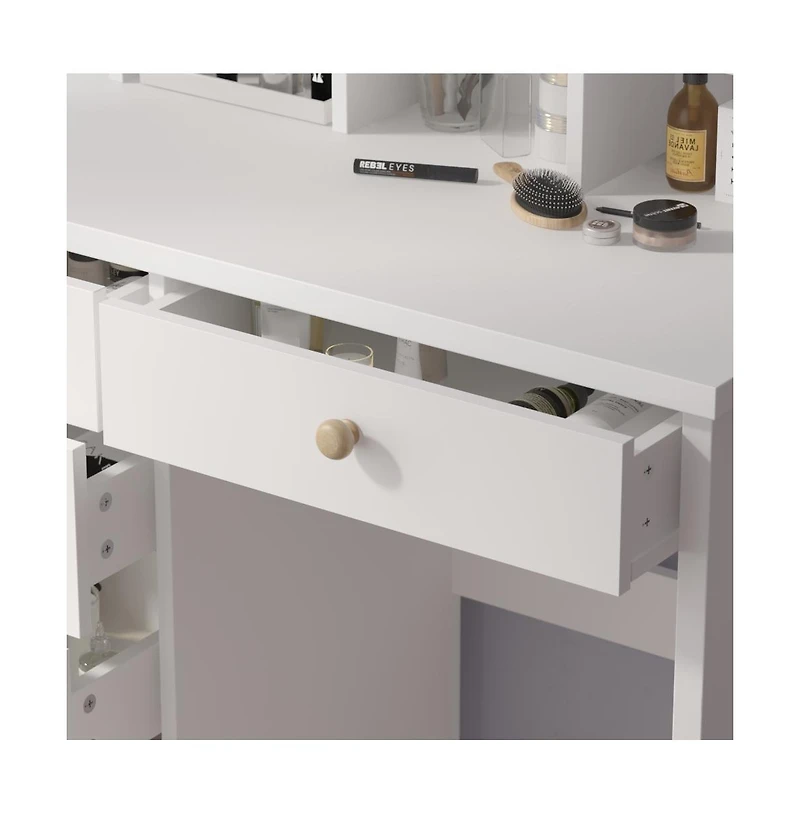 Homsee 5-Drawers Pink Makeup Vanity Sets Dressing Table Sets with Stool, Mirror, Led Light and 3-Tier Storage Shelves