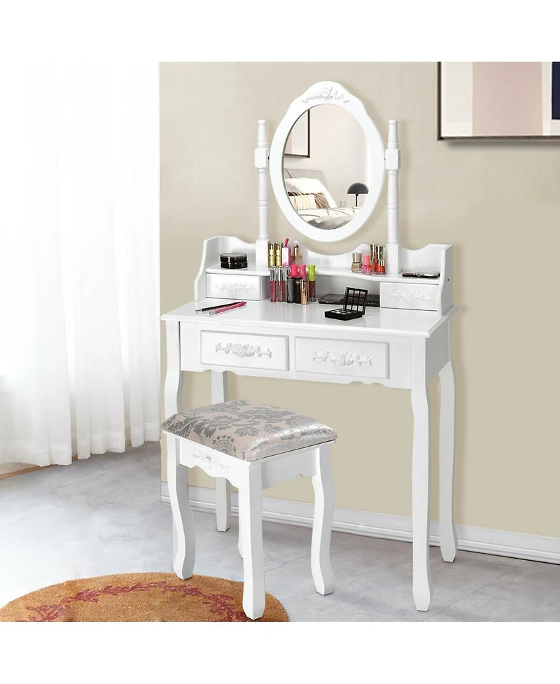 Sugift Vanity Table Set with Oval Mirror and 4 Drawers