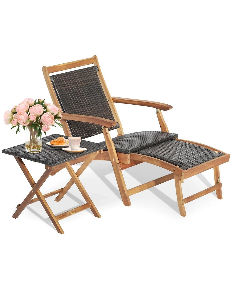 Inolait 2 Pieces Patio Rattan Folding Lounge Chair with Acacia Wood Table