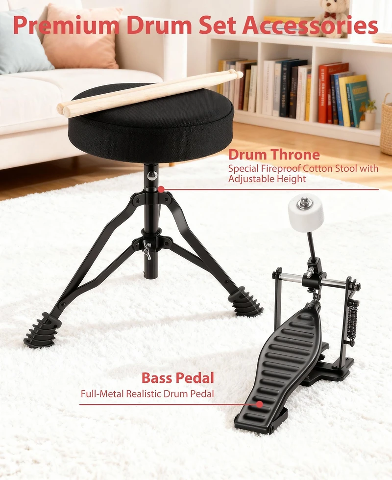 Sugift 3-Piece Kids Drum Set with Adjustable Stool, Bass Pedal & Cymbal – Realistic Junior Drum Kit for Ages 3+