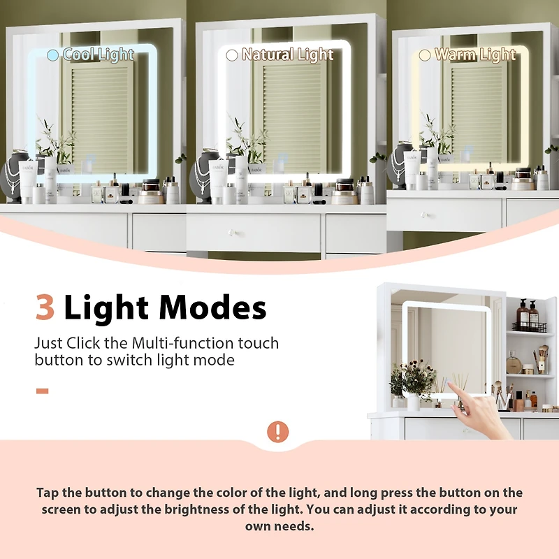 Famapy 5-Drawers White Makeup Vanity Sets Dressing Table Sets with Led Dimmable Mirror, Stool and 3-Tier Storage Shelves