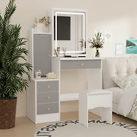 Homsee Grey Wood Silding Led Mirror Makeup Vanity Sets Dresser Table With Storage Shelves, 4-Drawers and Stool