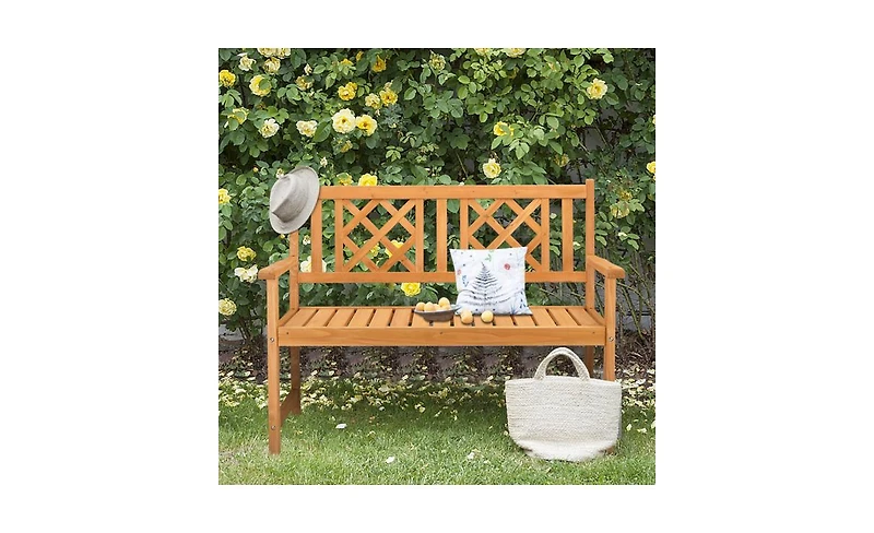 Slickblue Outdoor Garden Fir Wood Bench with Grid Back in Burlywood – Stylish and Durable Seating Solution for Patios, Gardens, and Outdoor Spa