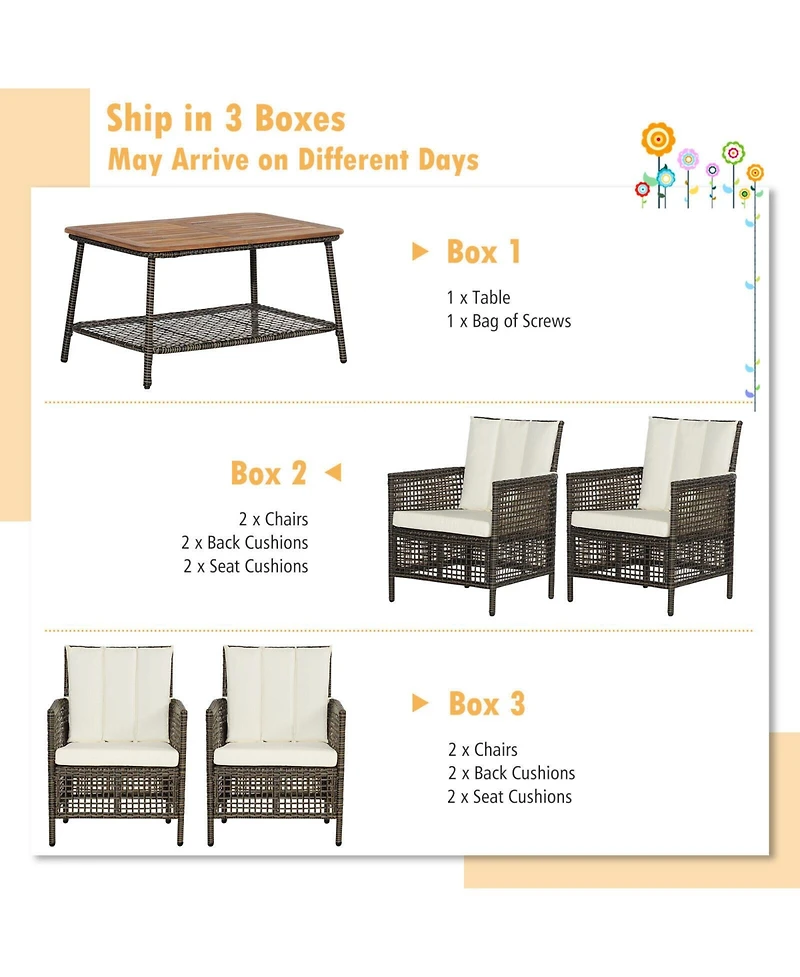 5 Pieces Patio Rattan Furniture Set Cushioned Sofa Armrest with Wooden Tabletop
