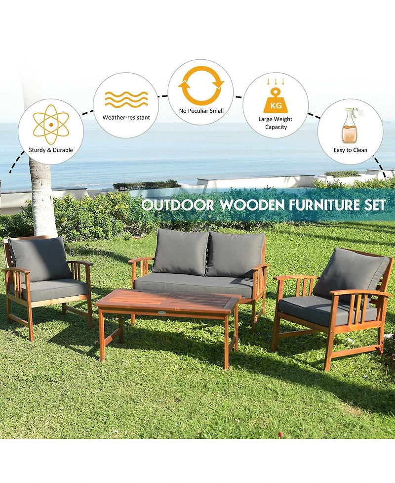 Sugift 4 Pieces Wooden Patio Sofa Chair Set with Cushion