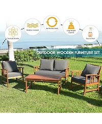 Sugift 4 Pieces Wooden Patio Sofa Chair Set with Cushion