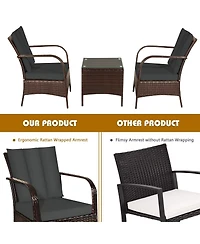 Sugift 3 Pieces Patio Rattan Conversation Set with Glass Top Coffee Table and Cushions