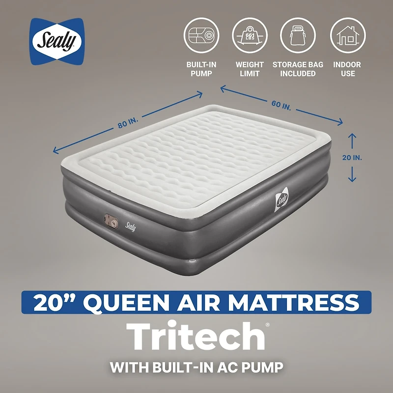 Sealy Tritech Queen Sized 20" Air Mattress Bed 2 Person w/Built-In Ac Pump & Bag