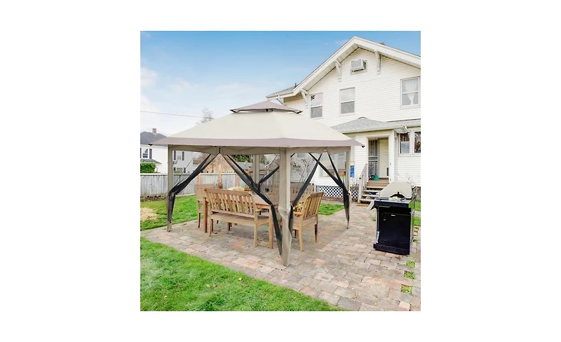 Slickblue Khaki Oxford Cloth Folding Shed with Right-Angle 4-Sided Gauze Mesh and Double-Top Overhangs