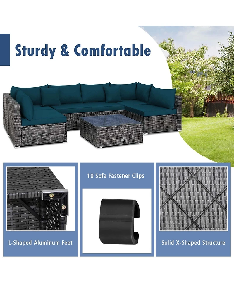 Costway 7PCS Patio Rattan Furniture Set Sectional Sofa Cushioned Garden Peacock