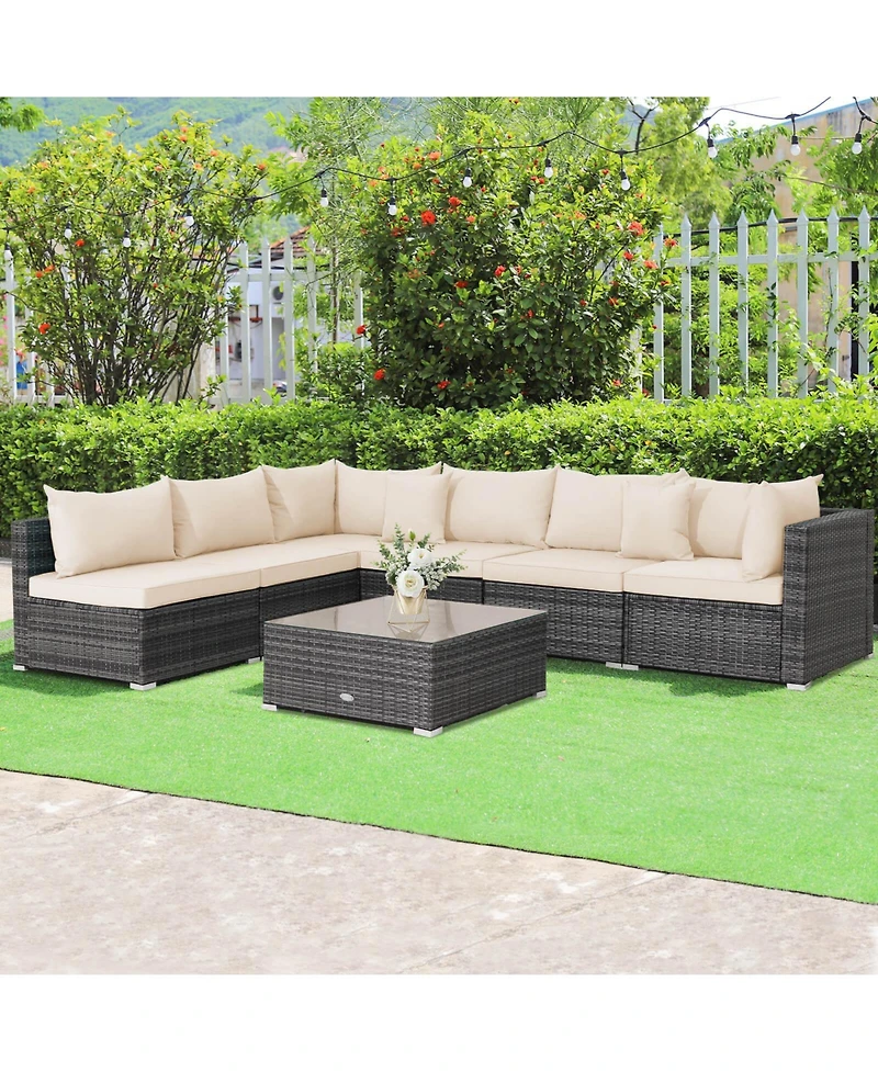 Costway 7PCS Patio Rattan Furniture Set Sectional Sofa Cushioned Garden Peacock