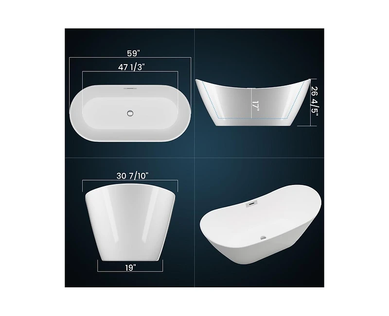 gaomon 59" Freestanding Bathtub, White Acrylic Streamline Stand Alone Soaking Bath Tubs for Adult with Overflow and Drain in Chrome, Perfect for Your
