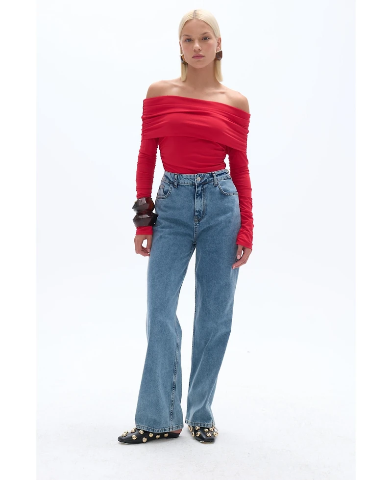 Nocturne Women's Off Shoulder Blouse with Ruffle Detail