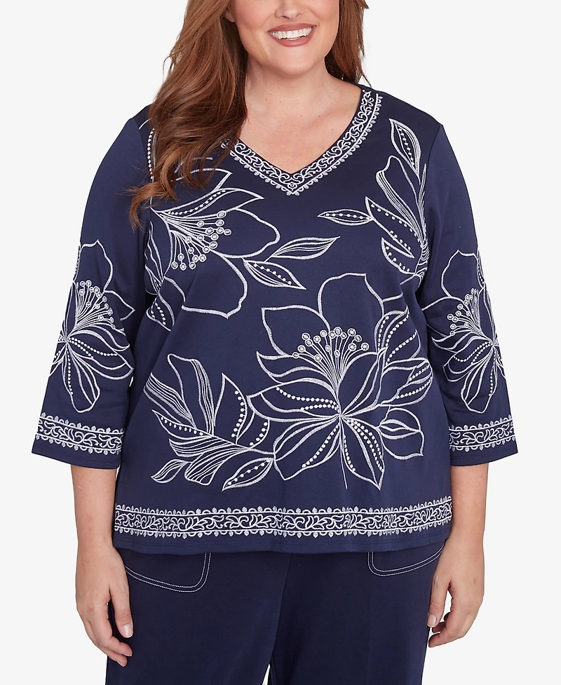 Alfred Dunner Plus Size Block Island Dynamic Floral Embroidered V-Neck Top