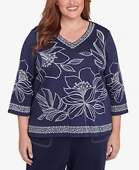 Alfred Dunner Plus Size Block Island Dynamic Floral Embroidered V-Neck Top