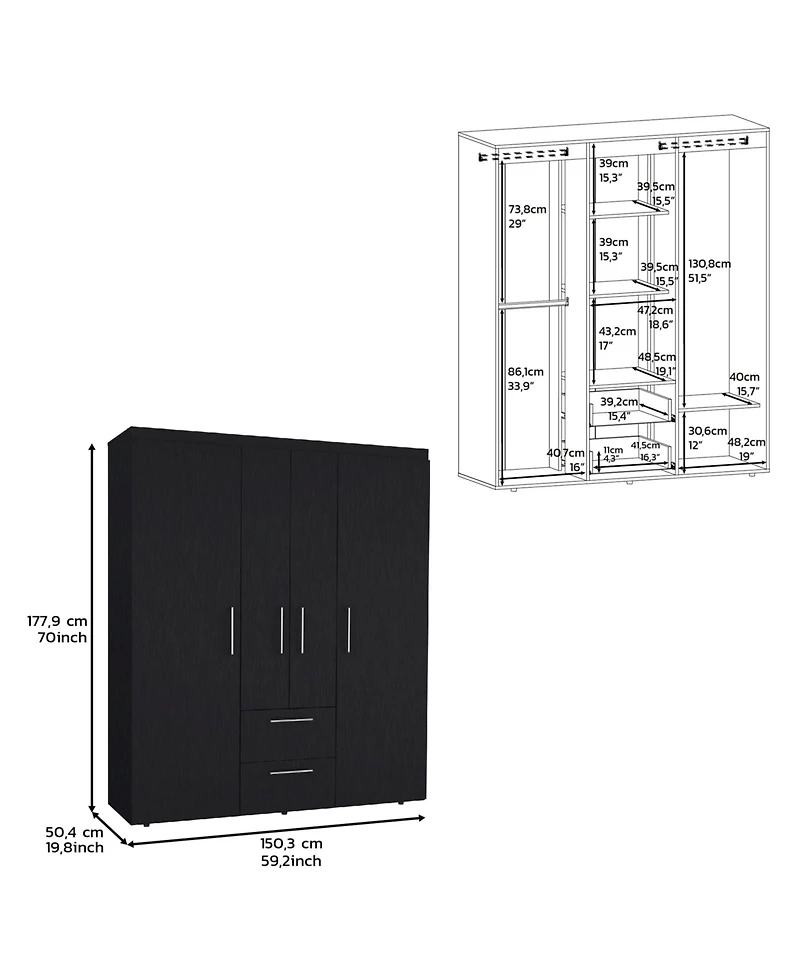 Valier Wardrobe, Deluxe Armoire with Multiple Storage Options and Metal Accents, Black