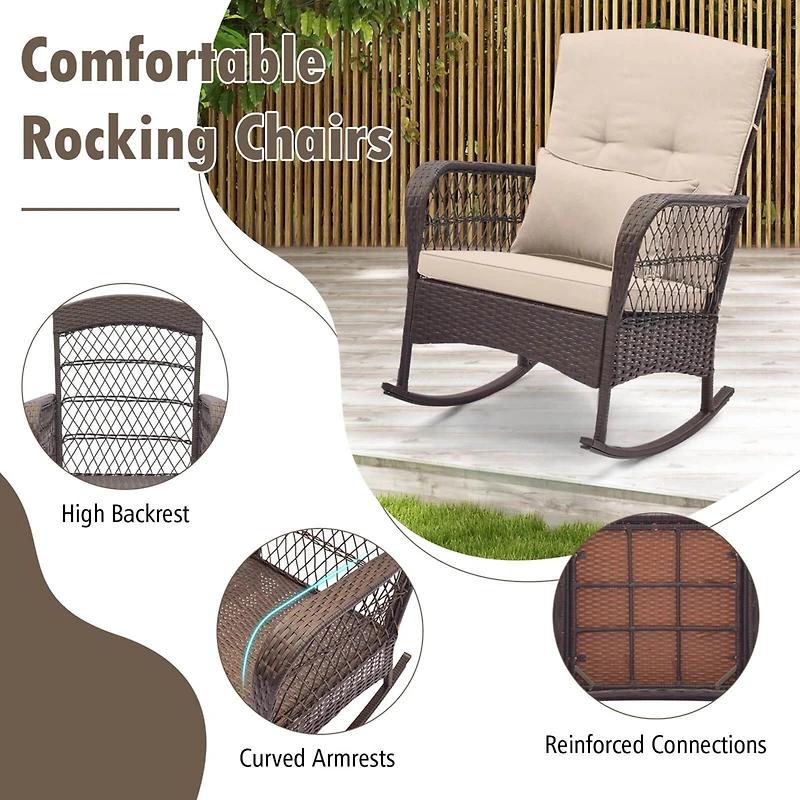 Costway Patio 3PCS Rocking Wicker Bistro Set 2 Rocker Chairs Tempered Glass Side Table