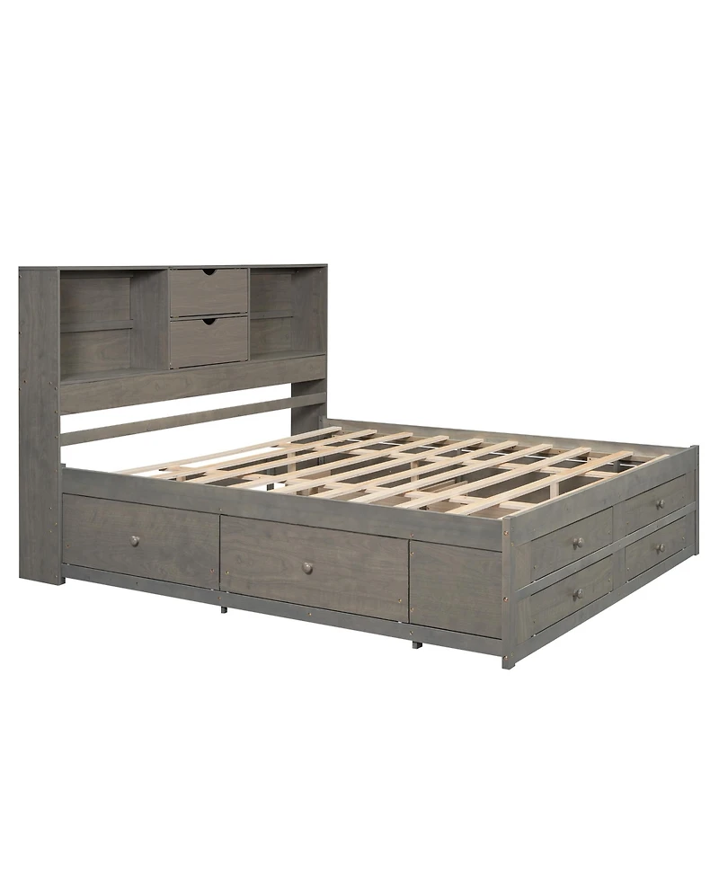 Streamdale King Platform Bed with Storage Headboard and 8 Drawers, White