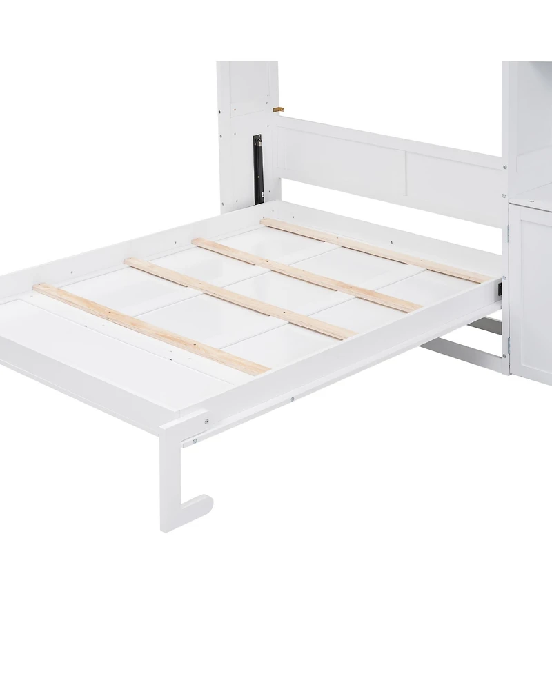 Full Size Murphy Bed with Multiple Storage Shelves and A Cabinet, White