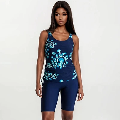 Calypsa Women's Maya Tankini Swim Top With Built-in Bra and High Waisted Long Bike Shorts