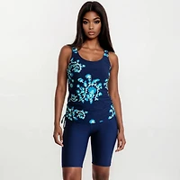 Calypsa Women's Maya Tankini Swim Top With Built-in Bra and High Waisted Long Bike Shorts