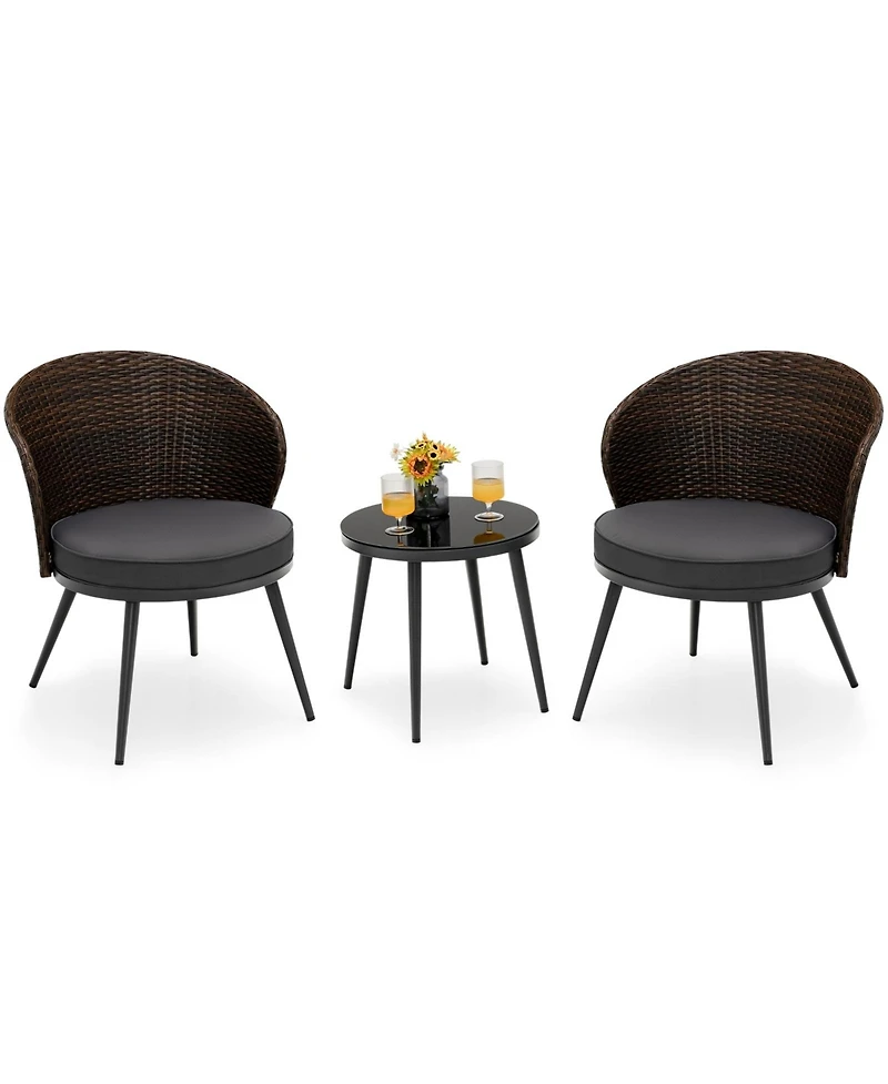 Sugift 3 Pieces Patio Rattan Bistro Set with 2 Seat Cushions and Tempered Glass Tabletop
